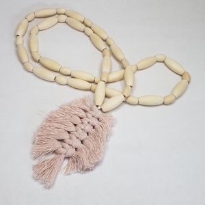 Farmhouse wood beads with Pink Tassel, Natural Wood, 17" length